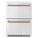 ZLINE Autograph Edition 24 in. Touchstone 168 Can Outdoor-Rated Dual Refrigerator Drawer with Stainless Steel Doors and Champagne Bronze Helix Handles (RDSOZ-ST-24-KCB)