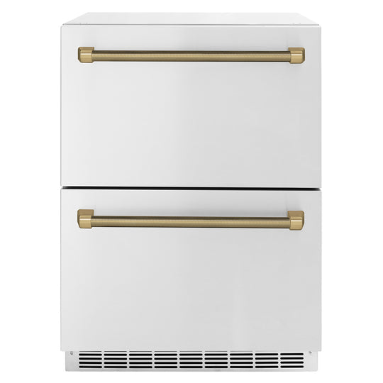 ZLINE Autograph Edition 24 in. Touchstone 168 Can Outdoor-Rated Dual Refrigerator Drawer with Stainless Steel Doors and Champagne Bronze Helix Handles (RDSOZ-ST-24-KCB)