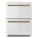 ZLINE Autograph Edition 24 in. Touchstone 168 Can Outdoor-Rated Dual Refrigerator Drawer with Stainless Steel Doors and Polished Gold Helix Handles (RDSOZ-ST-24-KG)