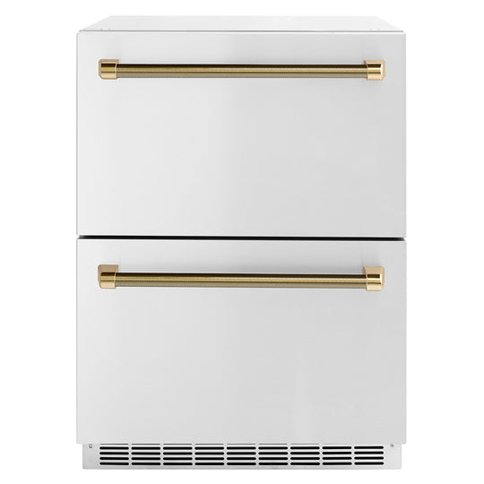 ZLINE Autograph Edition 24 in. Touchstone 168 Can Outdoor-Rated Dual Refrigerator Drawer with Stainless Steel Doors and Polished Gold Helix Handles (RDSOZ-ST-24-KG)
