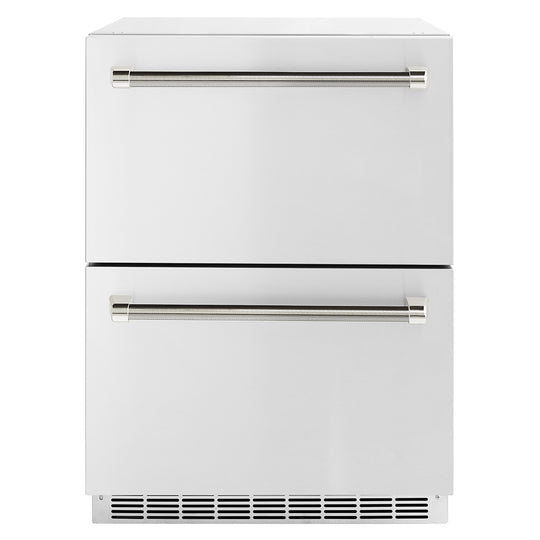 ZLINE Autograph Edition 24 in. Touchstone 168 Can Outdoor-Rated Dual Refrigerator Drawer with Stainless Steel Doors and Polished Nickel Helix Handles (RDSOZ-ST-24-KPN)