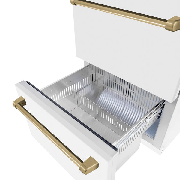 ZLINE Autograph Edition 24 in. Touchstone 168 Can Outdoor-Rated Dual Refrigerator Drawer with White Matte Doors and Champagne Bronze Handles (RDSOZ-WM-24-CB)