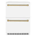 ZLINE Autograph Edition 24 in. Touchstone 168 Can Outdoor-Rated Dual Refrigerator Drawer with White Matte Doors and Champagne Bronze Handles (RDSOZ-WM-24-CB)