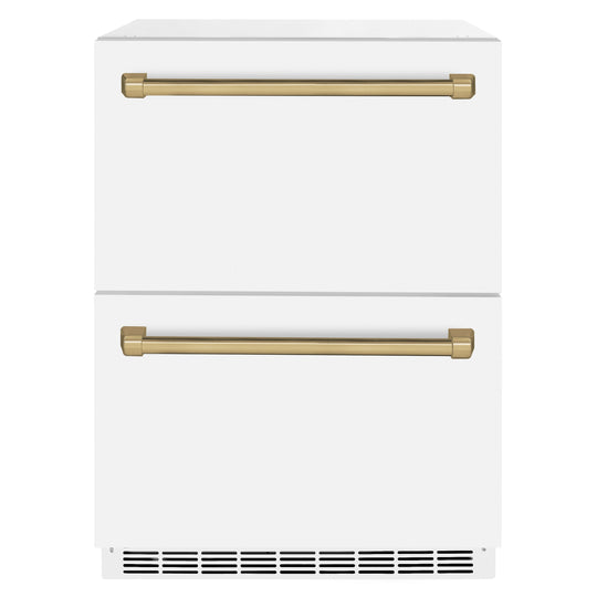ZLINE Autograph Edition 24 in. Touchstone 168 Can Outdoor-Rated Dual Refrigerator Drawer with White Matte Doors and Champagne Bronze Handles (RDSOZ-WM-24-CB)