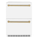 ZLINE Autograph Edition 24 in. Touchstone 168 Can Outdoor-Rated Dual Refrigerator Drawer with White Matte Doors and Champagne Bronze Handles (RDSOZ-WM-24-CB)