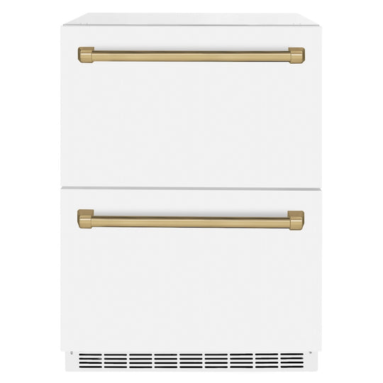 ZLINE Autograph Edition 24 in. Touchstone 168 Can Outdoor-Rated Dual Refrigerator Drawer with White Matte Doors and Champagne Bronze Handles (RDSOZ-WM-24-CB)