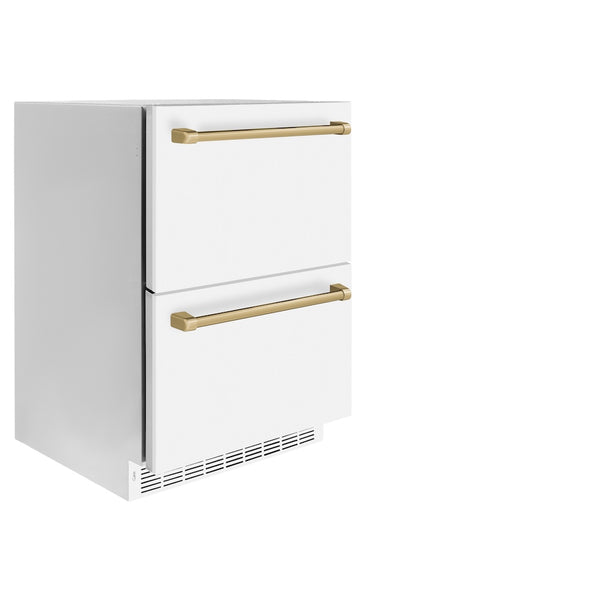 ZLINE Autograph Edition 24 in. Touchstone 168 Can Outdoor-Rated Dual Refrigerator Drawer with White Matte Doors and Champagne Bronze Handles (RDSOZ-WM-24-CB)