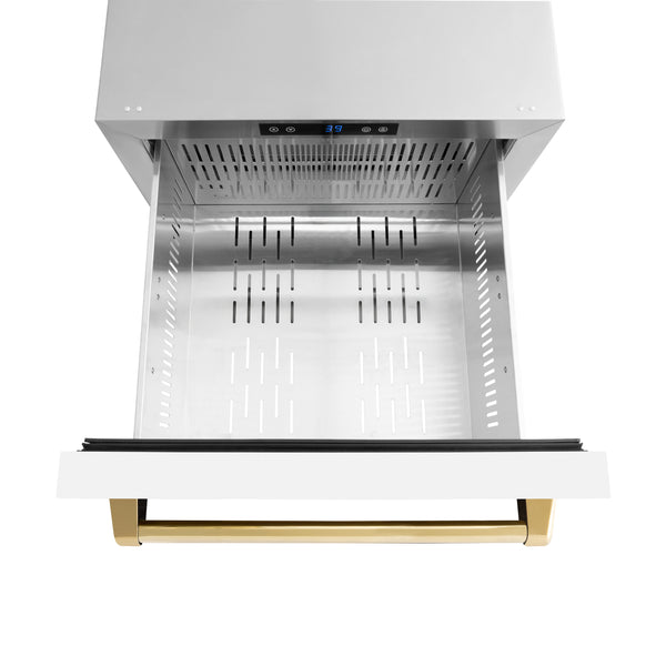 ZLINE Autograph Edition 24 in. Touchstone 168 Can Outdoor-Rated Dual Refrigerator Drawer with White Matte Doors and Polished Gold Handles (RDSOZ-WM-24-G)