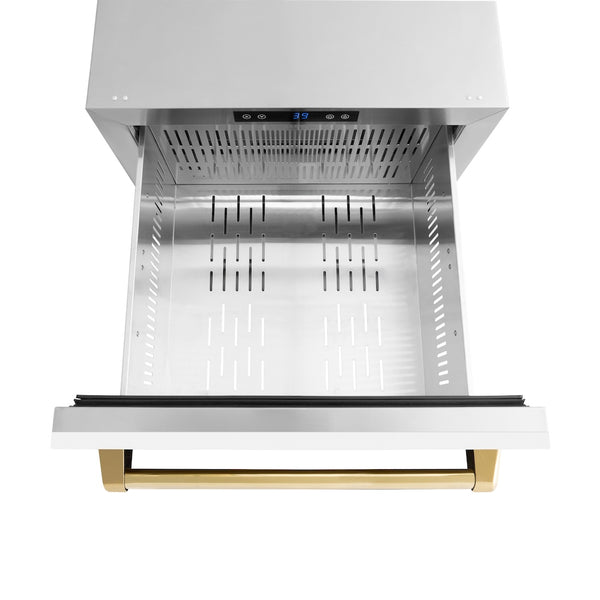 ZLINE Autograph Edition 24 in. Touchstone 168 Can Outdoor-Rated Dual Refrigerator Drawer with White Matte Doors and Polished Gold Handles (RDSOZ-WM-24-G)