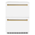 ZLINE Autograph Edition 24 in. Touchstone 168 Can Outdoor-Rated Dual Refrigerator Drawer with White Matte Doors and Polished Gold Handles (RDSOZ-WM-24-G)
