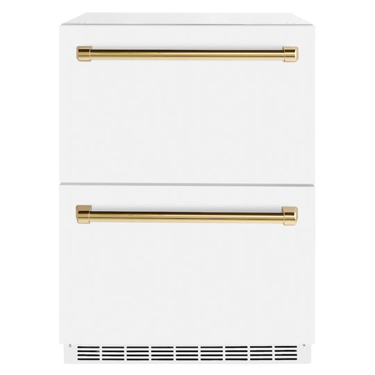 ZLINE Autograph Edition 24 in. Touchstone 168 Can Outdoor-Rated Dual Refrigerator Drawer with White Matte Doors and Polished Gold Handles (RDSOZ-WM-24-G)