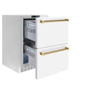 ZLINE Autograph Edition 24 in. Touchstone 168 Can Outdoor-Rated Dual Refrigerator Drawer with White Matte Doors and Polished Gold Handles (RDSOZ-WM-24-G)