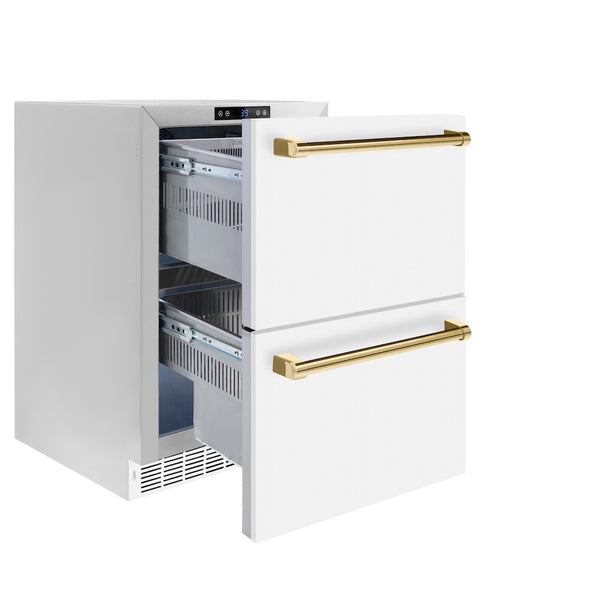 ZLINE Autograph Edition 24 in. Touchstone 168 Can Outdoor-Rated Dual Refrigerator Drawer with White Matte Doors and Polished Gold Handles (RDSOZ-WM-24-G)