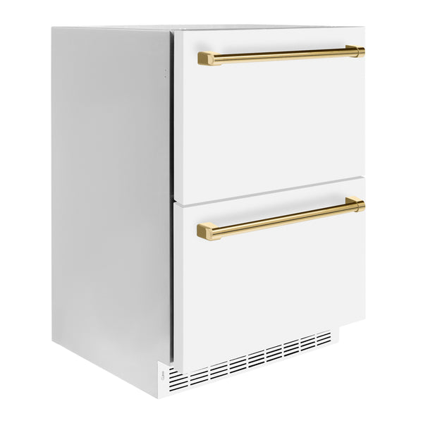 ZLINE Autograph Edition 24 in. Touchstone 168 Can Outdoor-Rated Dual Refrigerator Drawer with White Matte Doors and Polished Gold Handles (RDSOZ-WM-24-G)
