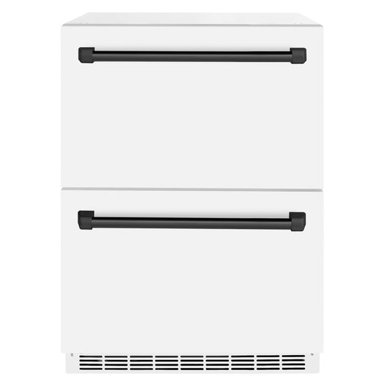 ZLINE Autograph Edition 24 in. Touchstone 168 Can Outdoor-Rated Dual Refrigerator Drawer with White Matte Doors and Matte Black Handles (RDSOZ-WM-24-MB)