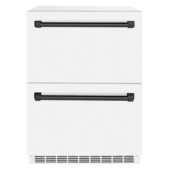ZLINE Autograph Edition 24 in. Touchstone 168 Can Outdoor-Rated Dual Refrigerator Drawer with White Matte Doors and Matte Black Handles (RDSOZ-WM-24-MB)