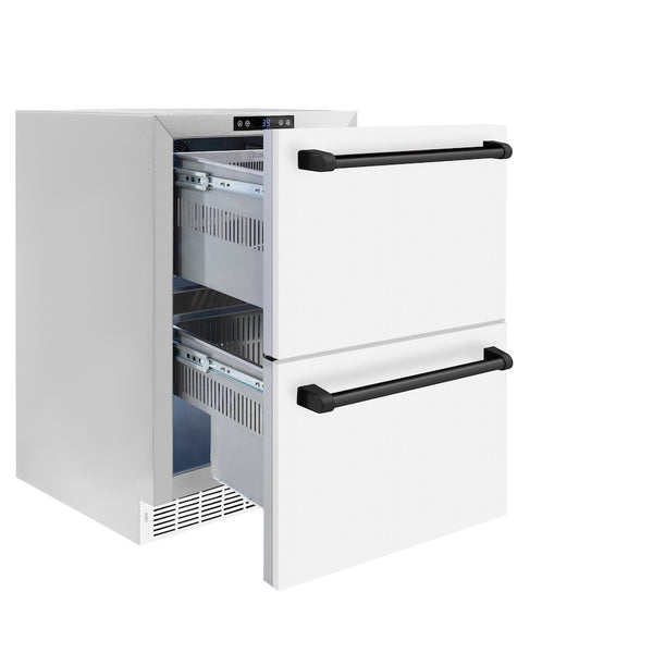 ZLINE Autograph Edition 24 in. Touchstone 168 Can Outdoor-Rated Dual Refrigerator Drawer with White Matte Doors and Matte Black Handles (RDSOZ-WM-24-MB)