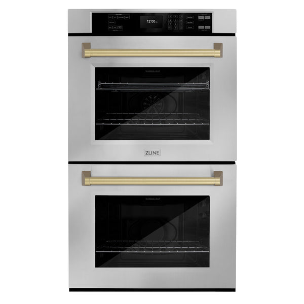 ZLINE 30 in. Autograph Edition Professional True Convection Double Wall Oven with Air Fry and Self Clean in Stainless Steel with Champagne Bronze Handles (WADZ-30-CB)