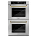 ZLINE Autograph Edition 30 in. Professional True Convection Double Wall Oven with Air Fry and Self Clean in Stainless Steel with Champagne Bronze Helix Handles (WADZ-30-KCB)