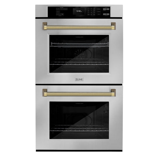 ZLINE Autograph Edition 30 in. Professional True Convection Double Wall Oven with Air Fry and Self Clean in Stainless Steel with Polished Gold Helix Handles (WADZ-30-KG)