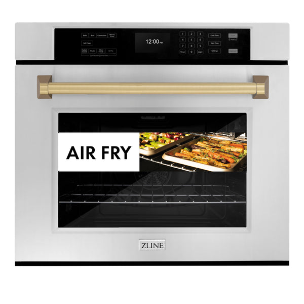 ZLINE 30 in. Autograph Edition Professional True Convection Single Wall Oven with Air Fry and Self Clean in Stainless Steel with Champagne Bronze Handle (WASZ-30-CB)