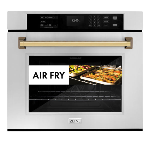 ZLINE 30 in. Autograph Edition Professional True Convection Single Wall Oven with Air Fry and Self Clean in Stainless Steel with Polished Gold Handle (WASZ-30-G)