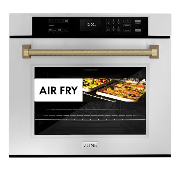 ZLINE Autograph Edition 30 in. Professional True Convection Single Wall Oven with Air Fry and Self Clean in Stainless Steel with Champagne Bronze Helix Handle (WASZ-30-KCB)