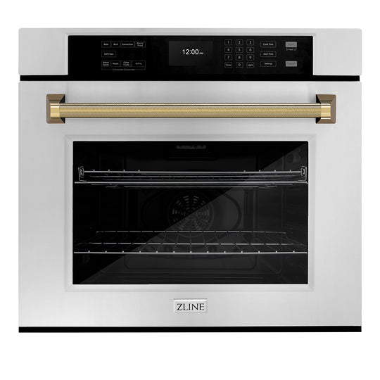 ZLINE Autograph Edition 30 in. Professional True Convection Single Wall Oven with Air Fry and Self Clean in Stainless Steel with Polished Gold Helix Handle (WASZ-30-KG)