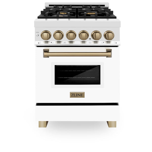 ZLINE Autograph Edition 24 in. 2.8 cu. ft. Legacy Dual Fuel Range with 4 Burner Gas Cooktop and Electric Convection Oven in Stainless Steel with White Matte Door and Champagne Bronze Accents, Open Box-Good Condition