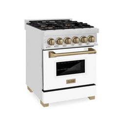 ZLINE Autograph Edition 24 in. 2.8 cu. ft. Legacy Dual Fuel Range with 4 Burner Gas Cooktop and Electric Convection Oven in Stainless Steel with White Matte Door and Champagne Bronze Accents, Open Box-Great Condition