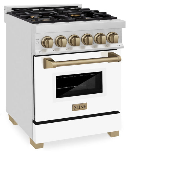 ZLINE Autograph Edition 24 in. 2.8 cu. ft. Legacy Dual Fuel Range with 4 Burner Gas Cooktop and Electric Convection Oven in Stainless Steel with White Matte Door and Champagne Bronze Accents, Open Box-Good Condition