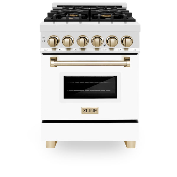 ZLINE Autograph Edition 24 in. 2.8 cu. ft. Legacy Dual Fuel Range with 4 Burner Gas Cooktop and Electric Convection Oven in Satin Stainless Steel with White Matte Door and Polished Gold Accents, Open Box-Great Condition