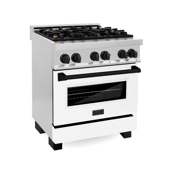 ZLINE Autograph Edition 30 in. 4.0 cu. ft. Legacy Dual Fuel Range with 4 Burner Gas Cooktop and Electric Convection Oven in Stainless Steel with White Matte Door and Matte Black Accents, Open Box-Good Condition