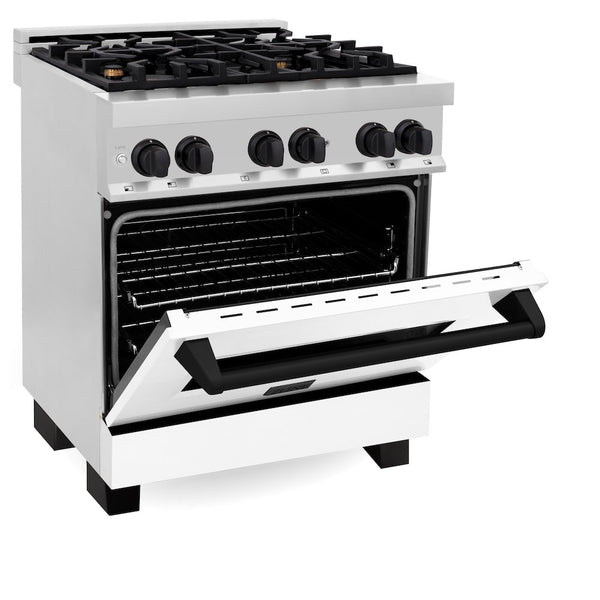 ZLINE Autograph Edition 30 in. 4.0 cu. ft. Legacy Dual Fuel Range with 4 Burner Gas Cooktop and Electric Convection Oven in Stainless Steel with White Matte Door and Matte Black Accents, Open Box-Good Condition