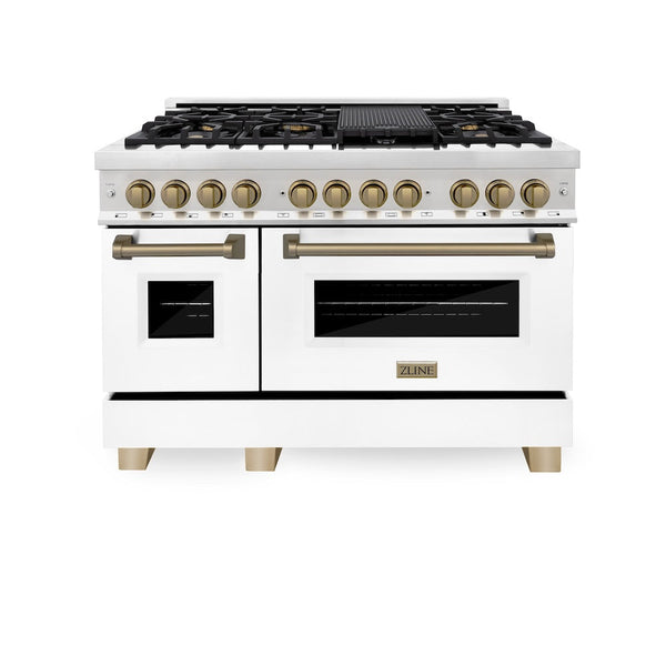 ZLINE Autograph Edition 48 in. 6.0 cu. ft. Legacy Dual Fuel Range with 7 Burner Gas Cooktop and 2 Electric Ovens in Stainless Steel with White Matte Doors and Champagne Bronze Accents, Open Box-Good Condition
