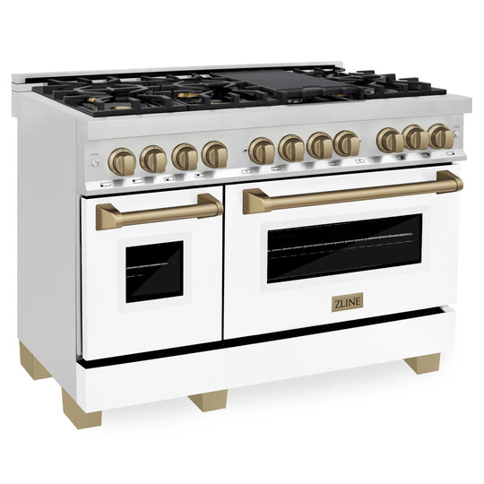 ZLINE Autograph Edition 48 in. 6.0 cu. ft. Legacy Dual Fuel Range with 7 Burner Gas Cooktop and 2 Electric Ovens in Stainless Steel with White Matte Doors and Champagne Bronze Accents, Open Box-Great Condition