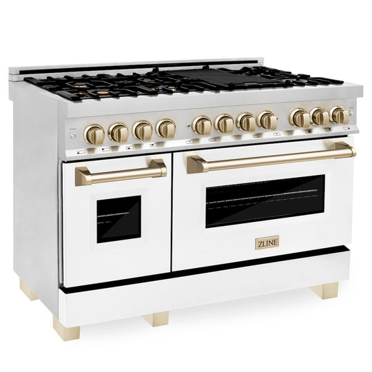 ZLINE Autograph Edition 48 in. 6.0 cu. ft. Legacy Dual Fuel Range with 7 Burner Gas Cooktop and 2 Electric Ovens in Stainless Steel with White Matte Doors and Polished Gold Accents, Open Box-Great Condition