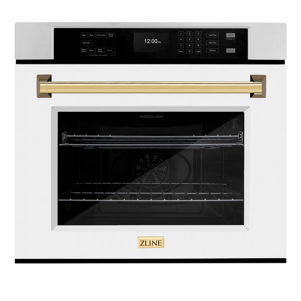 ZLINE 30 in. Autograph Edition Professional True Convection Single Wall Oven with Air Fry and Self Clean in Stainless Steel with White Matte Door and Polished Gold Handle (WASZ-WM-30-G)