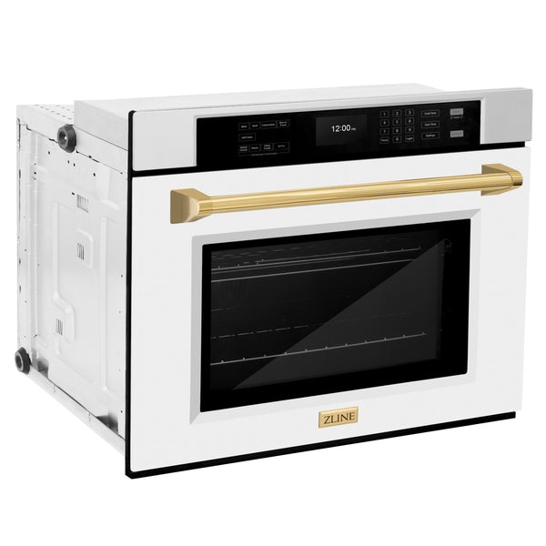 ZLINE 30 in. Autograph Edition Professional True Convection Single Wall Oven with Air Fry and Self Clean in Stainless Steel with White Matte Door and Polished Gold Handle (WASZ-WM-30-G)