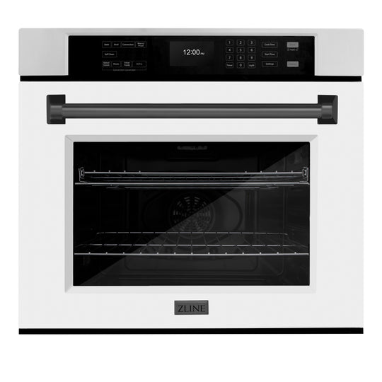 ZLINE 30 in. Autograph Edition Professional True Convection Single Wall Oven with Air Fry and Self Clean in Stainless Steel with White Matte Door and Matte Black Handle (WASZ-WM-30-MB)