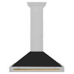 ZLINE Autograph Edition 36 in. Convertible Satin Stainless Steel Wall Mount Range Hood with Black Matte Shell and Polished Gold Handle (KB4SNZ-BLM36-G)
