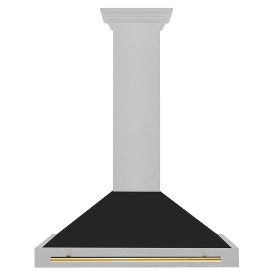 ZLINE Autograph Edition 36 in. Convertible Satin Stainless Steel Wall Mount Range Hood with Black Matte Shell and Polished Gold Handle (KB4SNZ-BLM36-G)