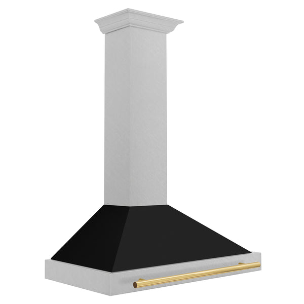 ZLINE 36 in. Autograph Edition Convertible Fingerprint Resistant DuraSnow® Stainless Steel Range Hood with Black Matte Shell and Polished Gold Handle (KB4SNZ-BLM36-G)