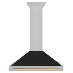 ZLINE Autograph Edition 48 in. Convertible Satin Stainless Steel Wall Mount Range Hood with Black Matte Shell and Polished Gold Handle (KB4SNZ-BLM48-G)