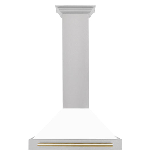 ZLINE Autograph Edition 30 in. Convertible Satin Stainless Steel Wall Mount Range Hood with White Matte Shell and Polished Gold Handle (KB4SNZ-WM30-G)