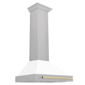 ZLINE Autograph Edition 30 in. Convertible Satin Stainless Steel Wall Mount Range Hood with White Matte Shell and Polished Gold Handle (KB4SNZ-WM30-G)