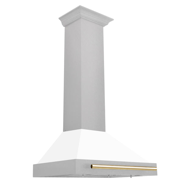 ZLINE Autograph Edition 30 in. Convertible Satin Stainless Steel Wall Mount Range Hood with White Matte Shell and Polished Gold Handle (KB4SNZ-WM30-G)