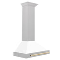 ZLINE Autograph Edition 30 in. Convertible Satin Stainless Steel Wall Mount Range Hood with White Matte Shell and Polished Gold Handle (KB4SNZ-WM30-G)