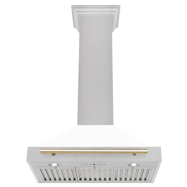 ZLINE Autograph Edition 30 in. Convertible Satin Stainless Steel Wall Mount Range Hood with White Matte Shell and Polished Gold Handle (KB4SNZ-WM30-G)