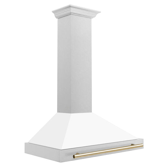 ZLINE 36 in. Autograph Edition Convertible Fingerprint Resistant Satin Stainless Steel Range Hood with White Matte Shell and Polished Gold Handle (KB4SNZ-WM36-G)